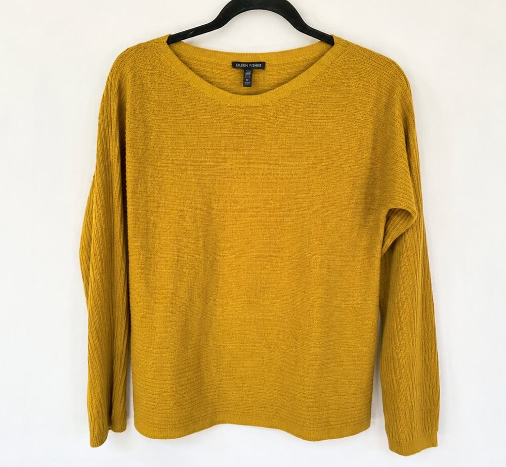 Eileen FIsher 100% Wool XS / TP Mustard Golden Ribbed LS Round Neck Sweater